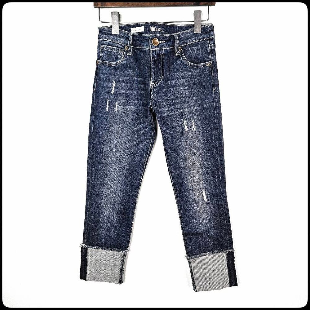 KUT FROM THE KLOTH Cameron Straight Leg Denim Jeans Med Wash Crop Distressed 2